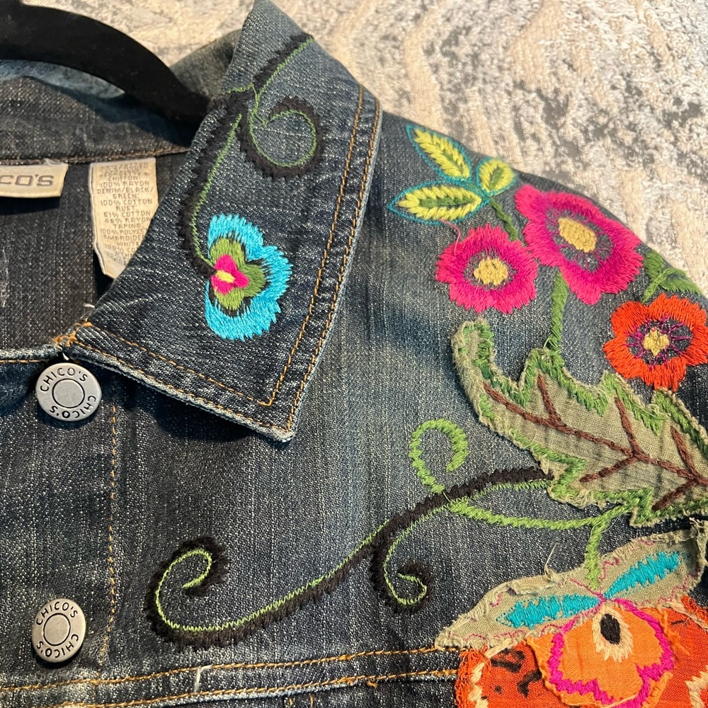 Chico's Embroidered Dark Blue Denim Jacket with Multicolor Floral Accents - Picture 2 of 5